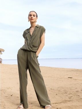 NWT Alison Sheri Khaki Asymmetrical Drape Blouse